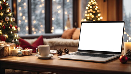 Laptop with a white screen mock up on the table against the background of the Christmas decor of the room with a Christmas tree, fairy lights, cozy room