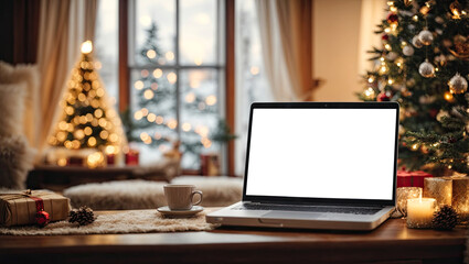 Naklejka na ściany i meble Laptop with a white screen mock up on the table against the background of the Christmas decor of the room with a Christmas tree, fairy lights, cozy room