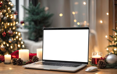 Laptop with a white screen mock up on the table against the background of the Christmas decor of the room with a Christmas tree, fairy lights, cozy room