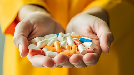 Various pills and capsules in hands healthcare and medicine concept