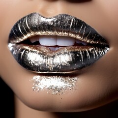 Fototapeta premium A playful image of a woman's lips coated in metallic lipstick