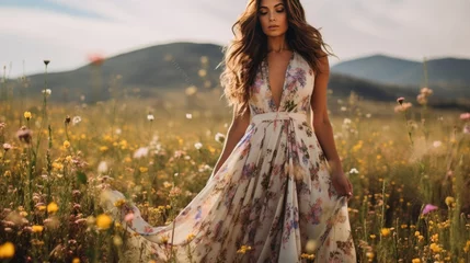 Papier Peint photo Lavable Prairie, marais a woman wearing a flowing maxi dress, standing in a field of wildflowers