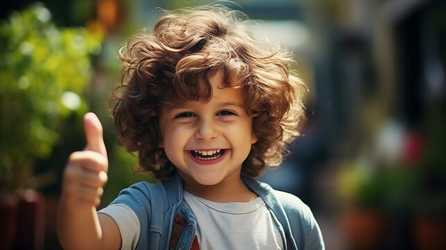 Image of a happy child with thumb up. The concept of good luck and good mood