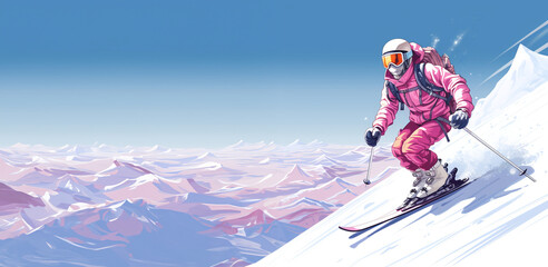 alpine ski racer illustration style. Dressed in retro pink style with a mountain background
