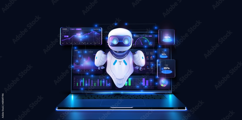 Poster ai helps programmer creates software. futuristic technology transformation. data analytics and insig