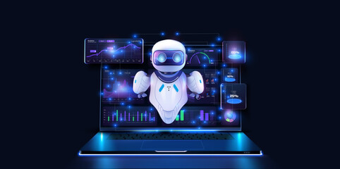 AI helps programmer creates software. Futuristic technology transformation. Data analytics and insights powered by big data and artificial intelligence technologies. Vector illustration - obrazy, fototapety, plakaty