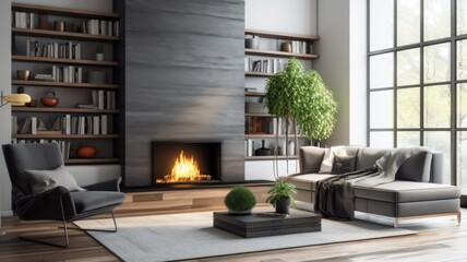 Fototapeta premium Living room decor, home interior design . Modern Minimalist style with Fireplace decorated with Leather and Wood material . Generative AI AIG26.