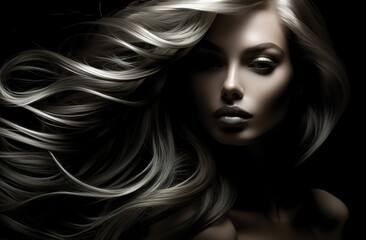 Fototapeta premium beautiful woman with stylish shiny hair, fashionable female with wavy stylish haircut, shampoo ads concept