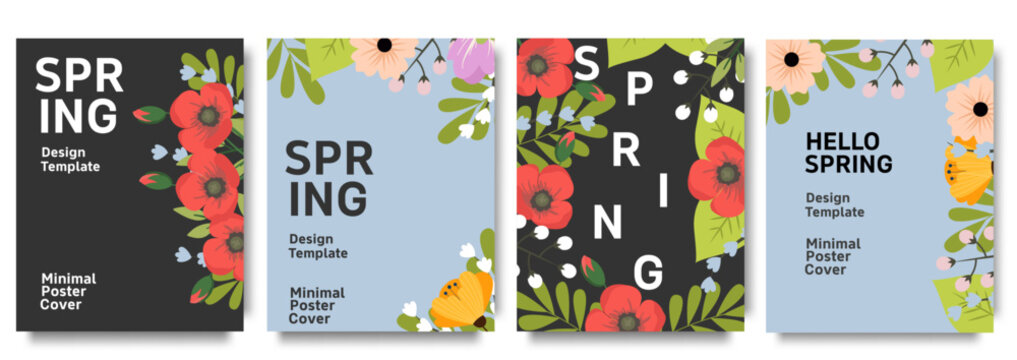 Set of trendy minimal spring posters with bright beautiful flowers and modern typography. Spring background, cover, sale banner, flyer design. Template for advertising, web, social media.