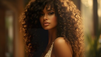 beautiful curly latina woman with stylish hair, attractive brazilian or black african american female with elegant hairstyle - obrazy, fototapety, plakaty