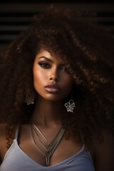 beautiful curly latina woman with stylish hair, attractive brazilian or black african american female with elegant hairstyle