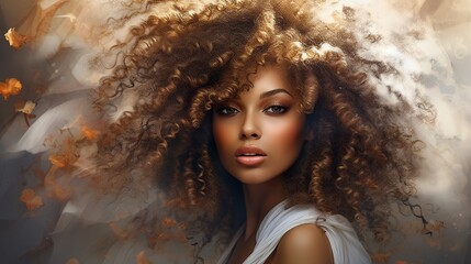 beautiful curly latina woman with stylish hair, attractive brazilian or black african american female with elegant hairstyle - obrazy, fototapety, plakaty