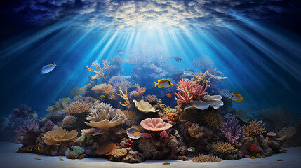 Ocean's Embrace: A mesmerizing underwater scene with hyper-realistic details of coral reefs, marine life, and the interplay of light beneath the waves