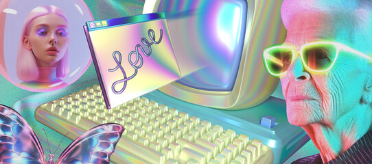 collage art, AI generated elements, 3d elements, holographic Y2K retro style