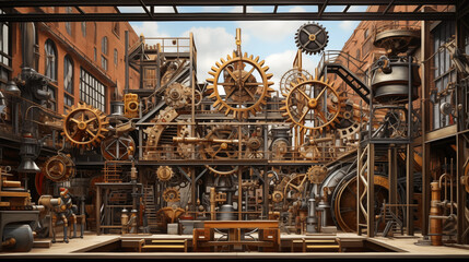 Mechanical Marvels: A hyper-realistic illustration of intricate clockwork machinery, gears, and cogs, creating a visually stunning industrial landscape