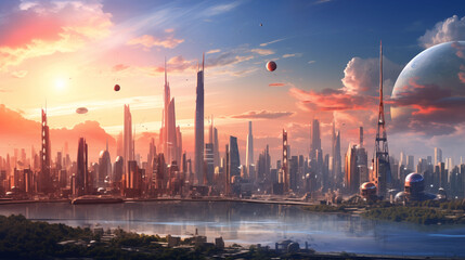 Sci-Fi Skylines: A futuristic cityscape with hyper-realistic buildings, flying vehicles, and advanced technology, creating a vision of a sci-fi metropolis - obrazy, fototapety, plakaty