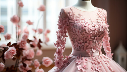 Fashionable young adult in a pink wedding dress, standing in a boutique generated by AI