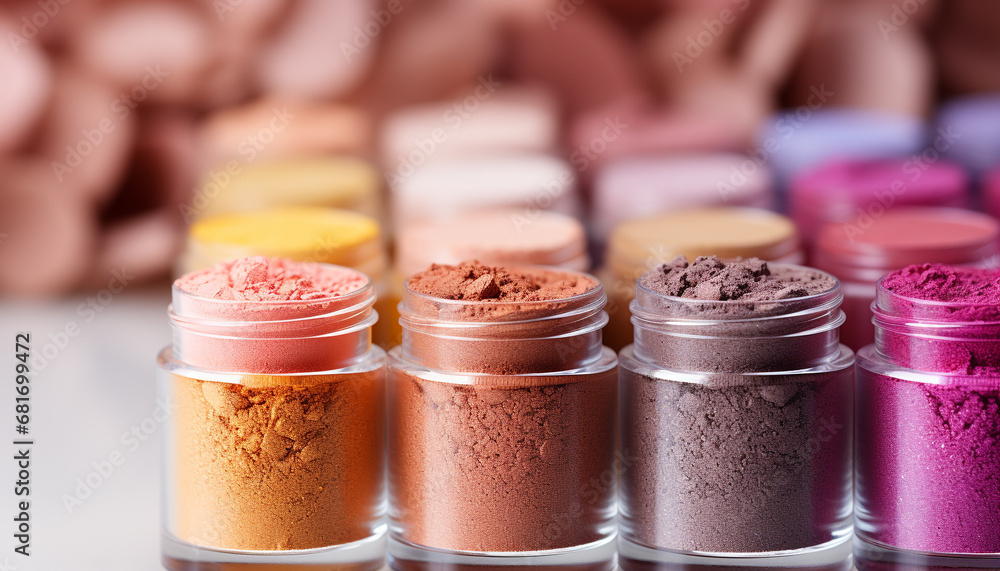 Poster a vibrant collection of colorful eyeshadows in a large palette generated by ai