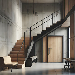 Loft interior design of modern entrance hall with staircase and rustic wooden bench near concrete...