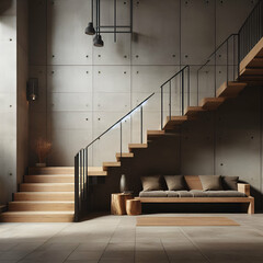Loft interior design of modern entrance hall with staircase and rustic wooden bench near concrete wall with copy space