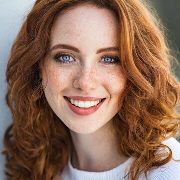 Mujer pelirroja, ojos azules y pecas, sonriendo. Con la piel clara. Cauc&aacute;sica.