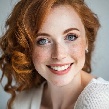 Mujer pelirroja, ojos azules y pecas, sonriendo. Con la piel clara. Cauc&aacute;sica.