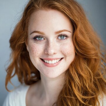 Mujer pelirroja, ojos azules y pecas, sonriendo. Con la piel clara. Cauc&aacute;sica.