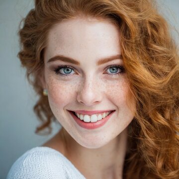 Mujer pelirroja, ojos azules y pecas, sonriendo. Con la piel clara. Cauc&aacute;sica.