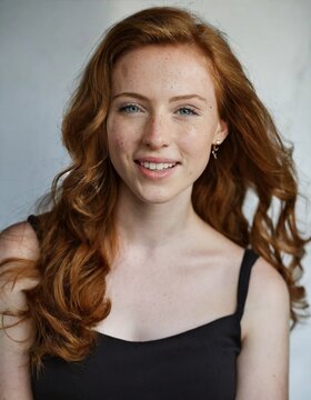 Mujer pelirroja, ojos azules y pecas, sonriendo. Con la piel clara. Cauc&aacute;sica.