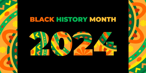 Black history month 2024 vector banner. Numbers with African colors. African-American History Month illustration for social media, card, poster on black background with ornament decoration. - obrazy, fototapety, plakaty