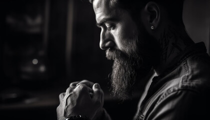 Serious man holds cross, praying for happiness and spirituality indoors generated by AI