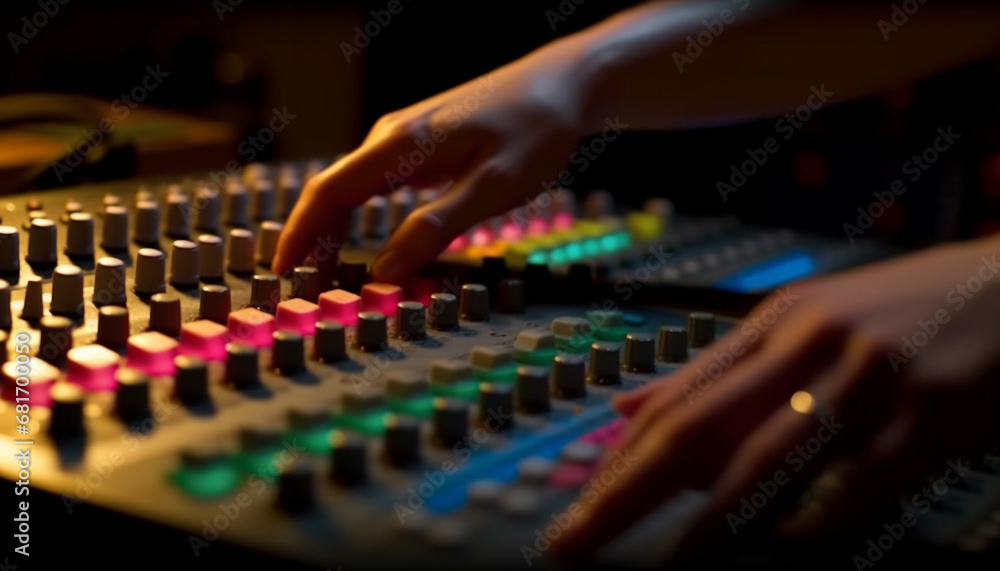 Poster professional sound engineer adjusting mixer knobs in recording studio generated by ai