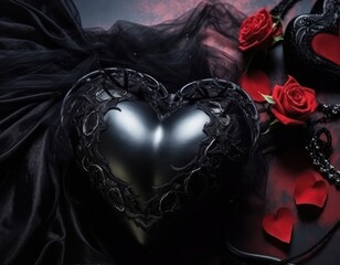 black heart and red roses. 