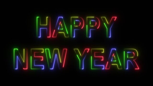 Happy New Year Glowing Neon Text. Blue and Purple and red and green and yellow Glowing Effect, 4k Animated New Year Text Video.