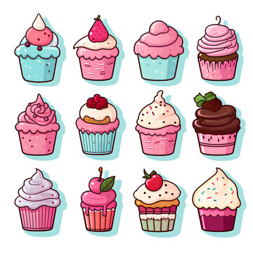 set of cupcakes on a transparent background PNG for decorating projects.