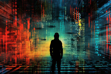 a black silhouette of a man against the background of a distorted double code with a pixel effect,the concept of an abstract representation of cybercriminals,digital illustration