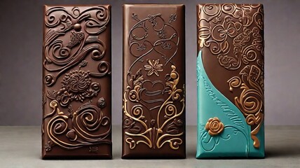 Artisan Chocolate Bars with Intricate Floral Designs on a Gray Background