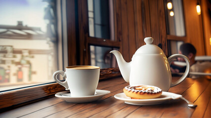 Um bule e uma xícara de louça com café sobre a mesa. Uma mesa de café da manhã ao lado de uma janela grande de vidro em um bistrô.  - obrazy, fototapety, plakaty
