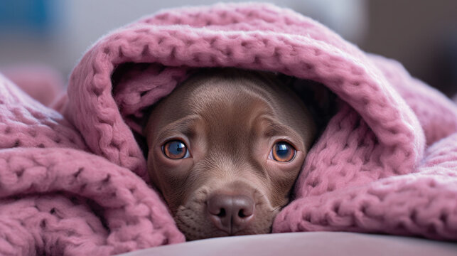 Young dog with deep blue eyes nestled in a pink knitted blanket, an image of calm and contemplation. A cozy and thoughtful pet portrait.