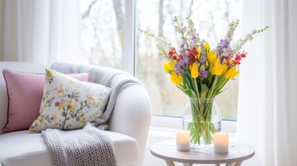 modern living room with flowers and candles. 