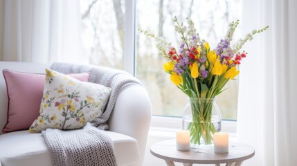 modern living room with flowers and candles. 