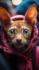  Curious cat with wide eyes peeking from a red hood, against a blurry light background. A captivating portrait of feline wonder and whimsy.