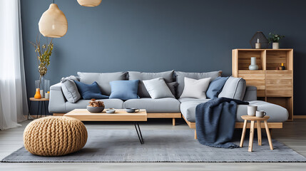 Two knitted poufs near dark blue corner sofa. Scandinavian home interior design of modern living...