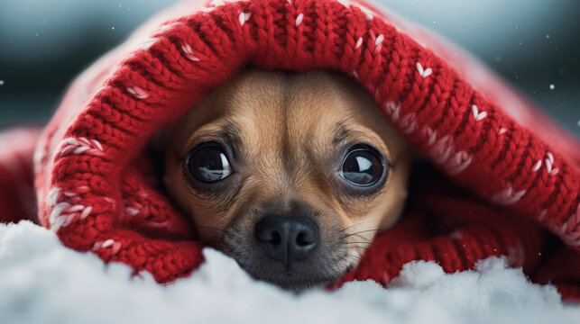 Dog with wide, attentive eyes peering from a red blanket, contrasting with the winter snow. A captivating image blending warmth and cold elements.