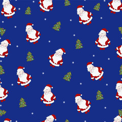 Seamless background with New Year theme. Christmas tree and Santa. Hand drawn. New Year's pattern. Vector. Christmas elements on a dark background. Gift wrap.