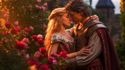 Fototapeta na wymiar Knight and princess embrace in rose garden, fairy tale scene.