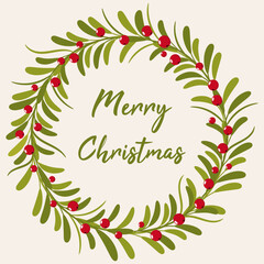 Christmas flower wreath card design. Holiday poster with berries, flowers and green quote Merry Christmas. Winter season flyer illustration. Stock vector brochure