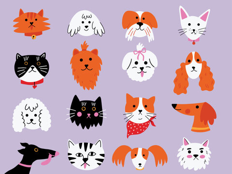 Set of pets, domestic animals heads in cartoon style. collection of cats and dogs vector illustrations in groovy colorful bold design 