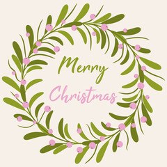 Christmas flower wreath card design. Holiday poster with pink berries, flowers and quote Merry Christmas. Winter season flyer illustration. Stock vector brochure
