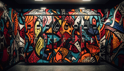 Vibrant graffiti illuminates modern underground subway station in abstract painting generated by AI